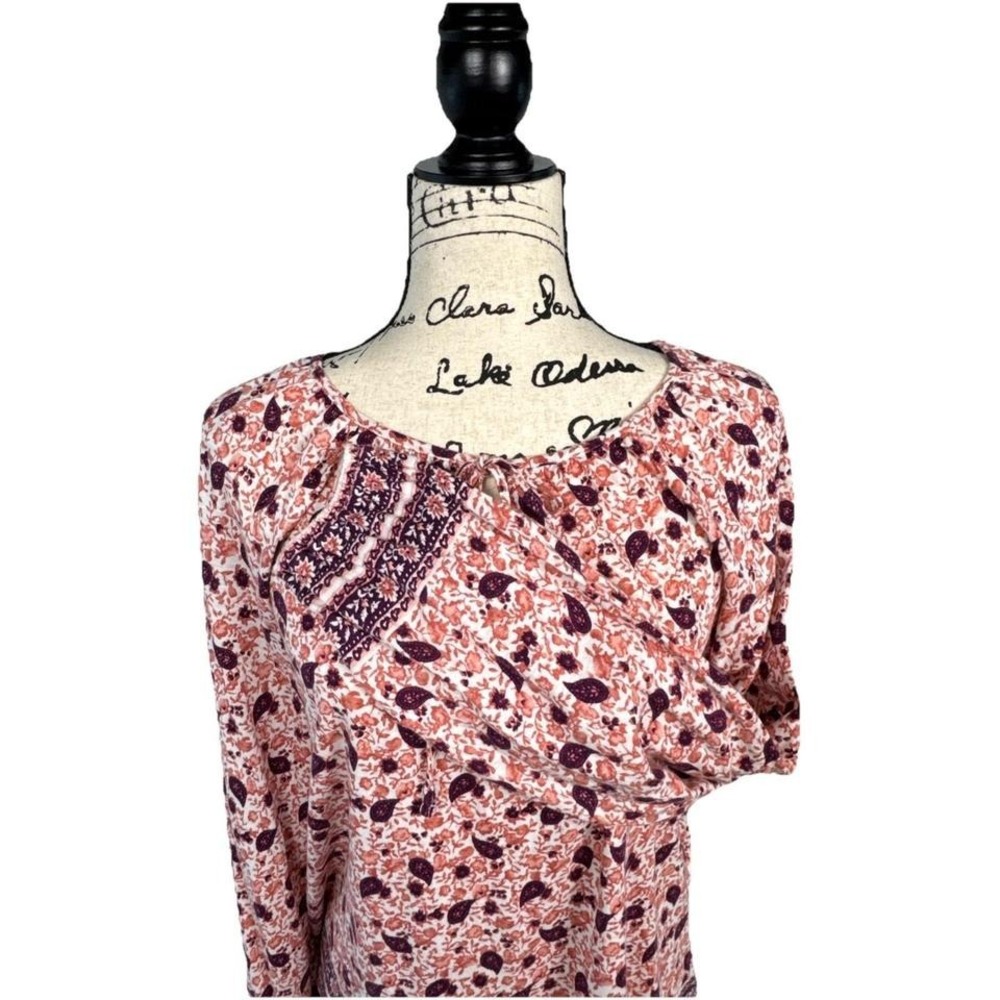 Boho Tunic Blouse Keyhole Neck Long Sleeve Sz Medium String Ties Casual Cozy - Picture 4 of 7